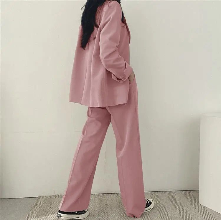 Casual Notch Lapel Suit Set with Button Thick Wide Leg Small Suit Pants High Waist Drape Polyester Business Lady Style Women