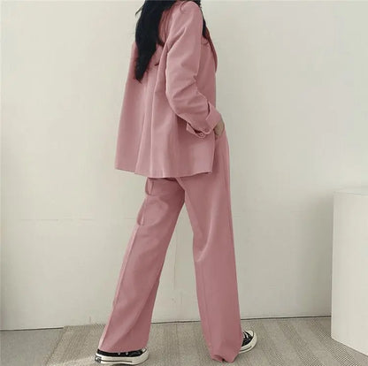 Casual Notch Lapel Suit Set with Button Thick Wide Leg Small Suit Pants High Waist Drape Polyester Business Lady Style Women