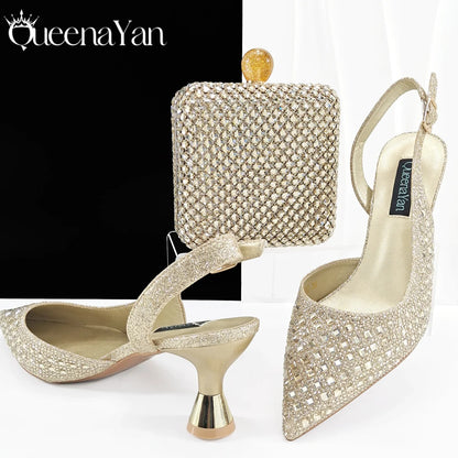 Coffee Color Elegant Lady Shoes And Bag Set with Full Rhinestone Embellished Pearls-knot And Comfortable Heel