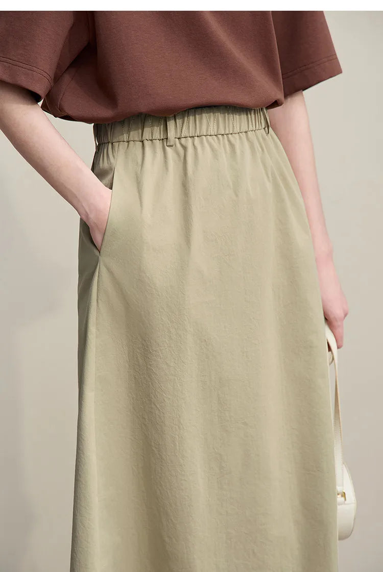 Women's Skirt 2026 Summer New Leisure Elastic Waist Slit A-Line Midi Skirt Women's Loose Embroidered Woman Clothes 12621058
