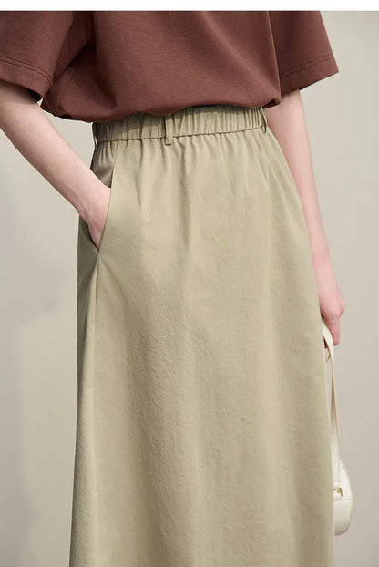 Women's Skirt 2026 Summer New Leisure Elastic Waist Slit A-Line Midi Skirt Women's Loose Embroidered Woman Clothes 12621058