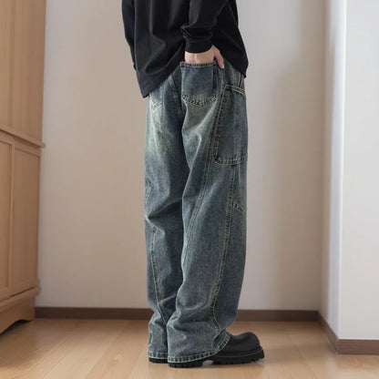 Korean Style Large Pocket Workwear Jeans Retro Blue Men'S Baggy Jeans Straight Leg Pants Casual Wide Leg Pants Casual Pants