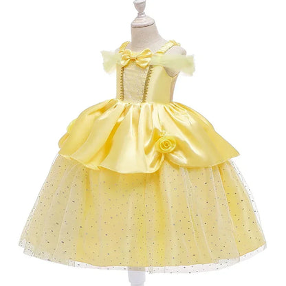 Girls Belle Cosplay Costumes Girls Dresses for Beauty Kids Party Clothing Magic Stick Crown Children Yellow Dress and The Beast