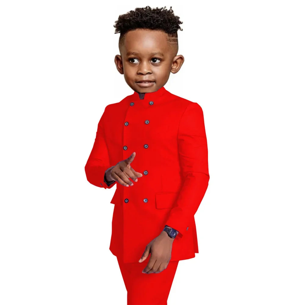 Stylish Elegant Boys Stand-up Collar Suits 2 Pieces Jacket Pants Formal Party Wear Double Breasted Kids Suit Set 2-20T