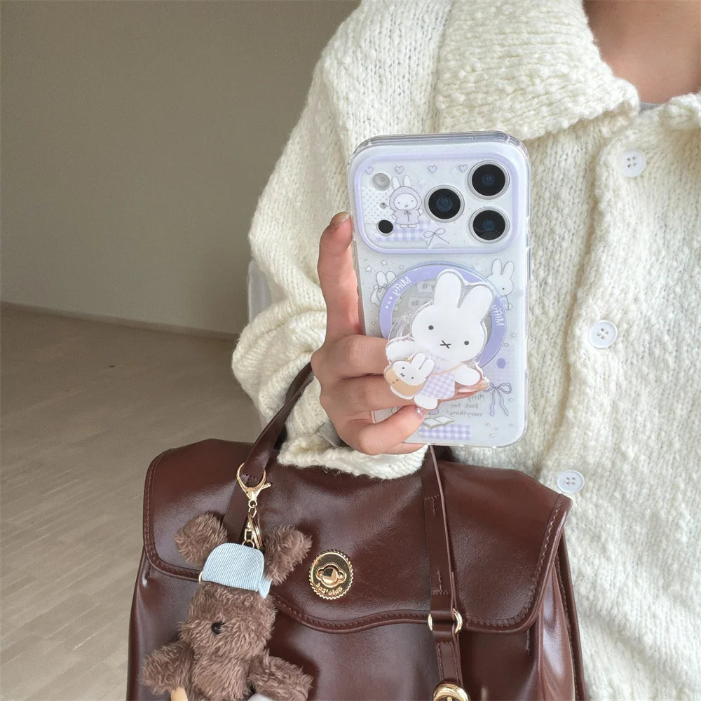 Korean INS Star Bow Rabbit With Magsafe Stand Phone Case for iPhone 17 Pro 13 14 15 16 Pro Max Cover Rotate Holder Cute Cases
