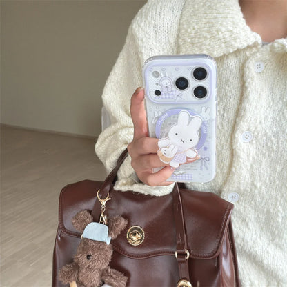 Korean INS Star Bow Rabbit With Magsafe Stand Phone Case for iPhone 17 Pro 13 14 15 16 Pro Max Cover Rotate Holder Cute Cases