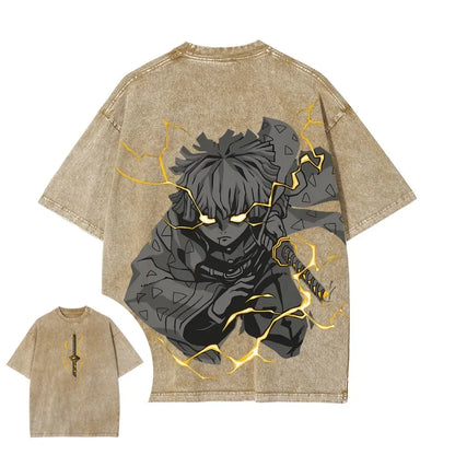 Demon Slayer Men's Women's Washed T-Shirt Zenitsu Agatsuma Summer Spring Anime Tee Retro Distressed High Quality Short Sleeve