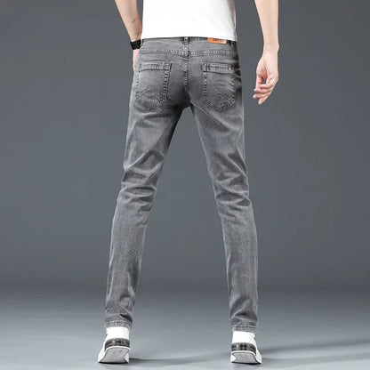 2025 New Men's Cotton Business Casual Skinny Jeans Trendy Fashionable Stretch Straight Slim Denim Trousers Male Blue Grey
