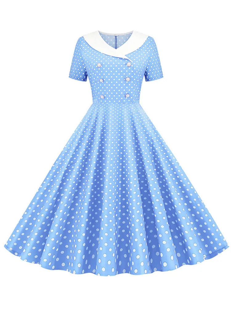 Summer Midi Dress Women Elegant Pink Vintage Party Sundress Casual Peter pan Collar Short Sleeve Dress