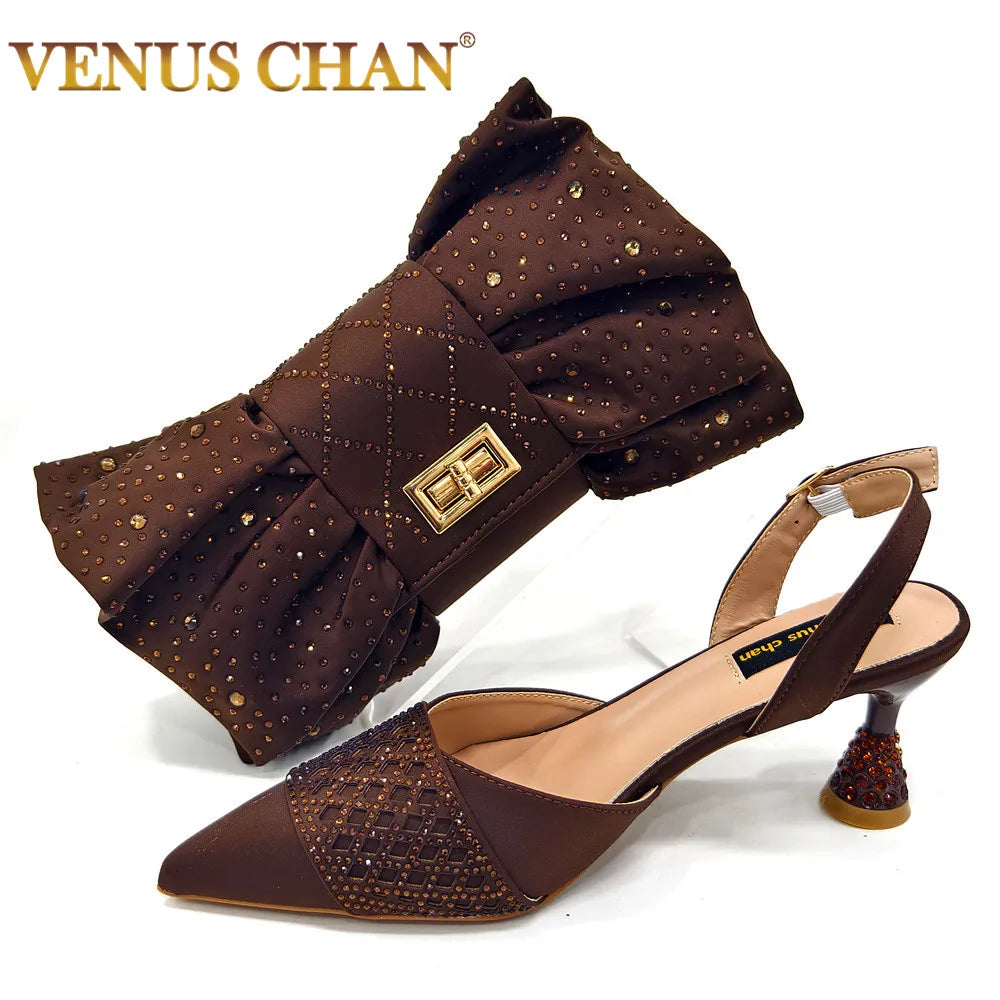 2025 Fashion Brown Color Women's Party Shoes and Bag Set With Elegant Diamond Butterfly Design - Stylish and Chic