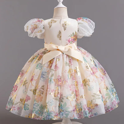 Bow Flower Girl Dresses for Weddings Lace Short Sleeve Girls Party Dresses Summer Children Bridesmaid Dress 1-7 Years