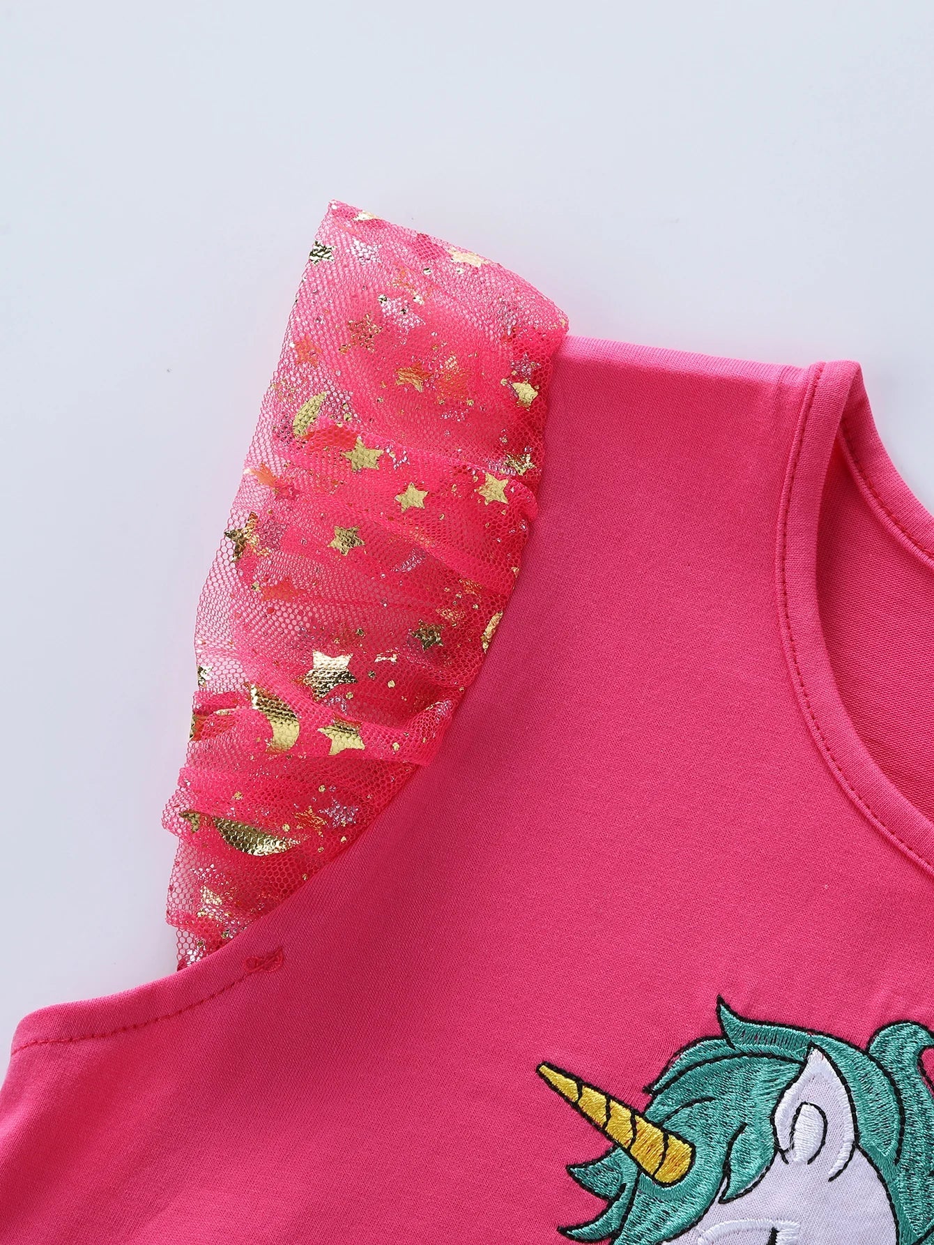 Summer New Girl's Cotton Unicorn Embroidered Mesh Spliced Sleeveless Dress SH1701