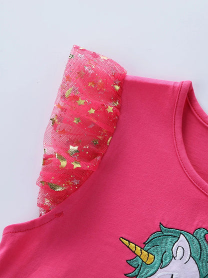 Summer New Girl's Cotton Unicorn Embroidered Mesh Spliced Sleeveless Dress SH1701