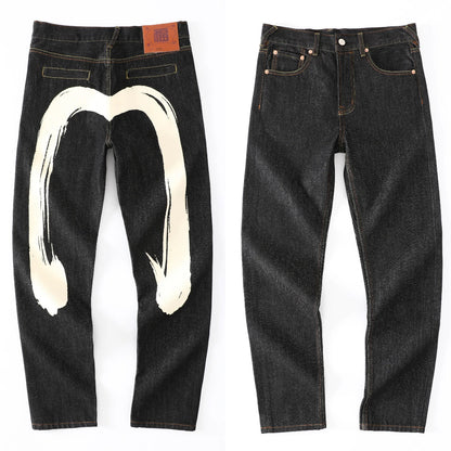 Japanese Handmade Embroidered Jeans Men's Pure Cotton Straight Tube Hip-Hop Popular Slim Red Ears Show Thin Trousers Devil