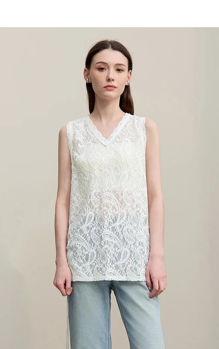 Women's Camisole 2026 Summer New V-Neck Paisley Lace Tank Tops Loose Lightweight Sheer Female Sleeveless Shirt 12652017