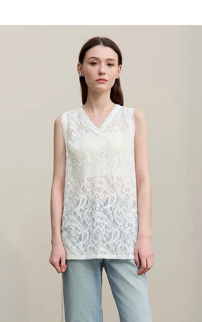 Women's Camisole 2026 Summer New V-Neck Paisley Lace Tank Tops Loose Lightweight Sheer Female Sleeveless Shirt 12652017