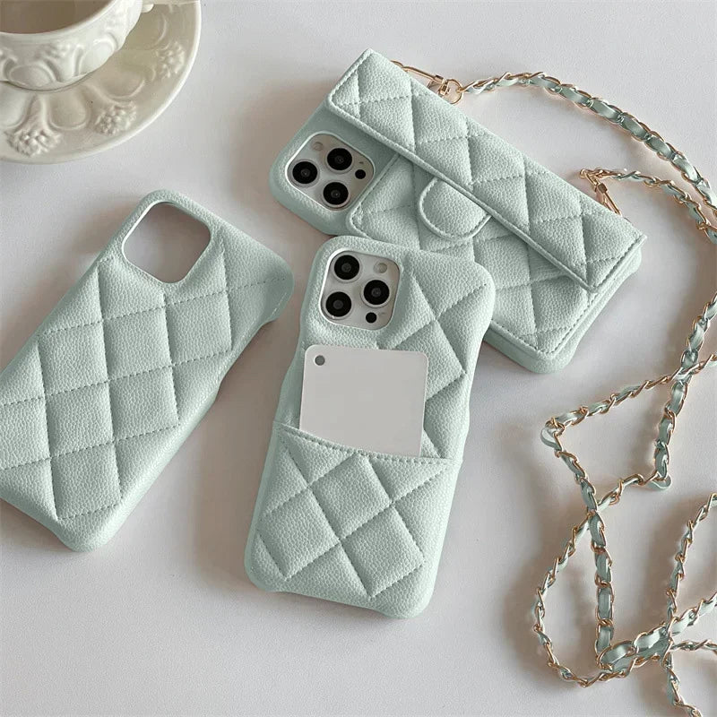 Crossbody Lanyard Wallet Phone Case For iPhone 15 14 13 16 Pro Max Card Holder Necklace Chain Luxury  Leather ( NO LOGO)