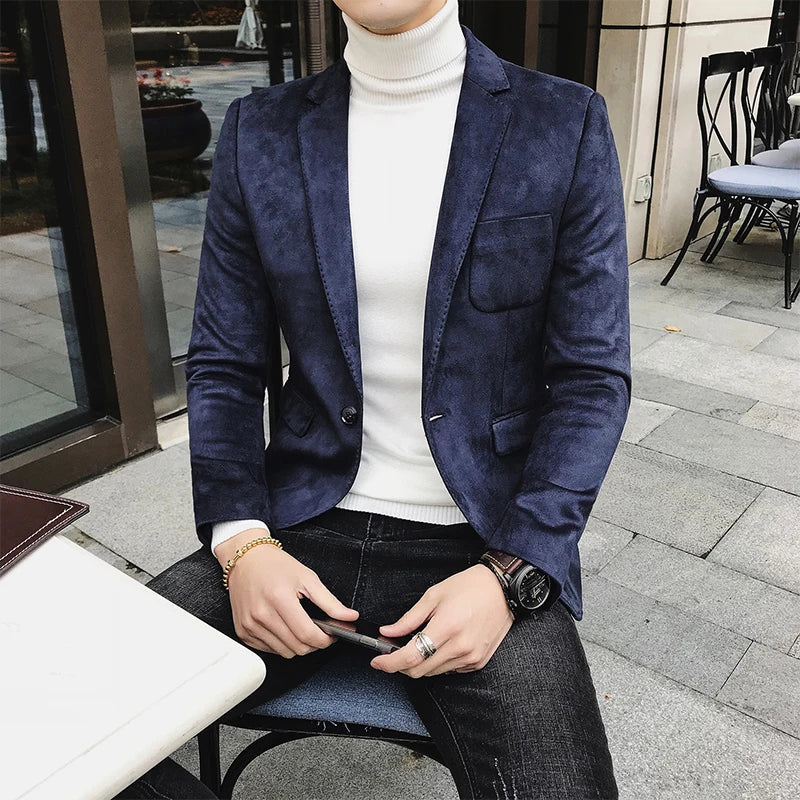 Blazer Hombre Men's Casual Slim Fit Deerskin Velvet Suit Jacket High-quality Korean Luxury Formal Solid Color Suit 6 Colors