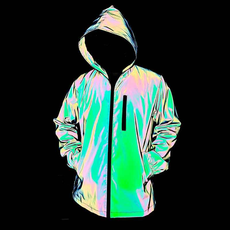 Men's Night Reflective Windproof Hooded Jacket Hip-hop Streetwear Couple Trend Coat for Outdoor Cycling Jogging Safety Clothing