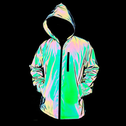 Men's Night Reflective Windproof Hooded Jacket Hip-hop Streetwear Couple Trend Coat for Outdoor Cycling Jogging Safety Clothing