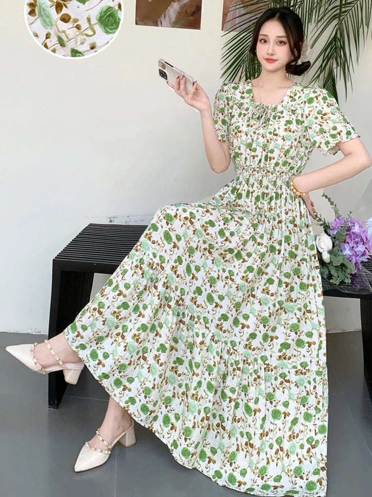 Summer New Cotton Silk Floral Print Maxi Dr ort Sve Beachwear High Waist Young Women's Large Skirt Swing Dr