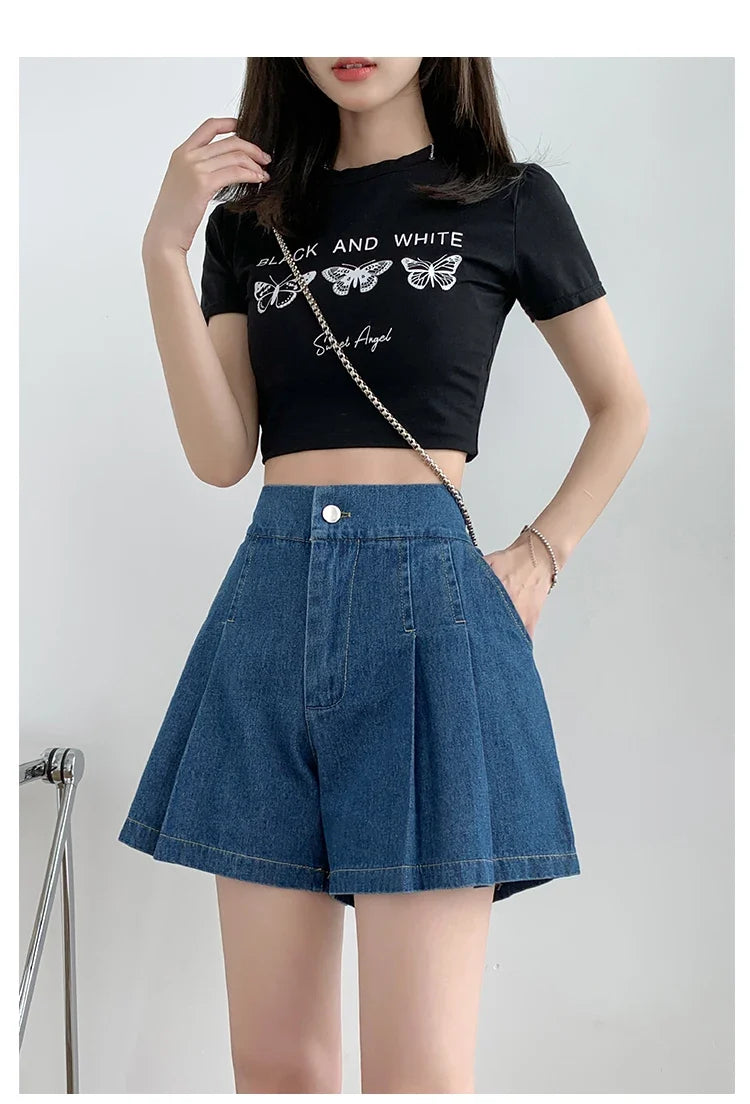2024 Summer Plus Size Denim Shorts For Women High Elastic Waist Blue Or Sky Blue Pleated Mini Large Size Short Femme