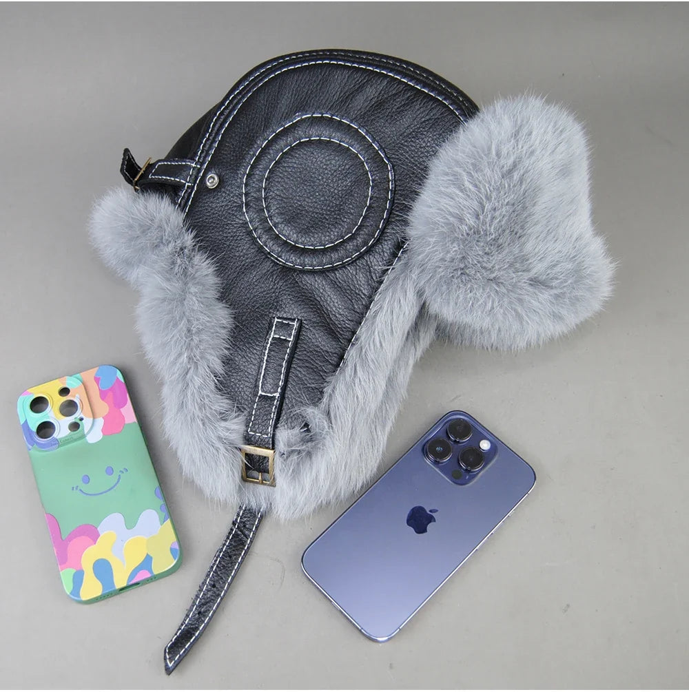 Hot Sale Winter Women's 100% Real Rabbit Fur Bomber Hat Ushanka Cap Trapper Russian Woman Ski Hats Caps Real Sheepskin Leather