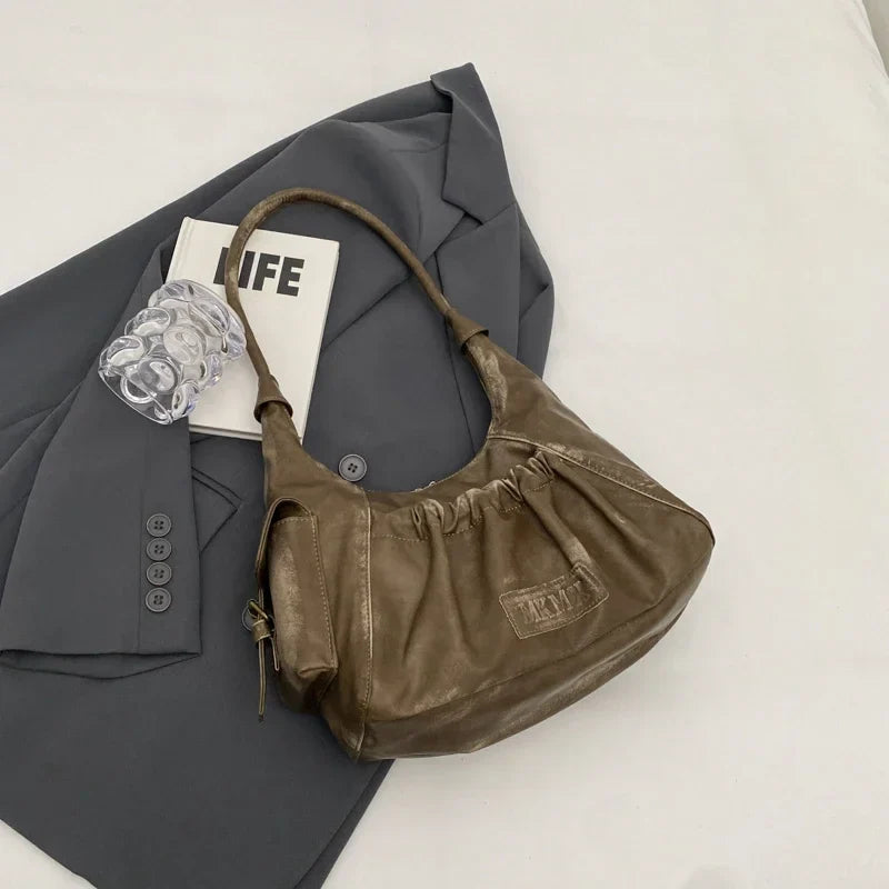 Retro Leather Shoulder Bags for Women 2025 Spring Vintage Underarm Bag Handbags and Purses Latest Fashion Hand Bag