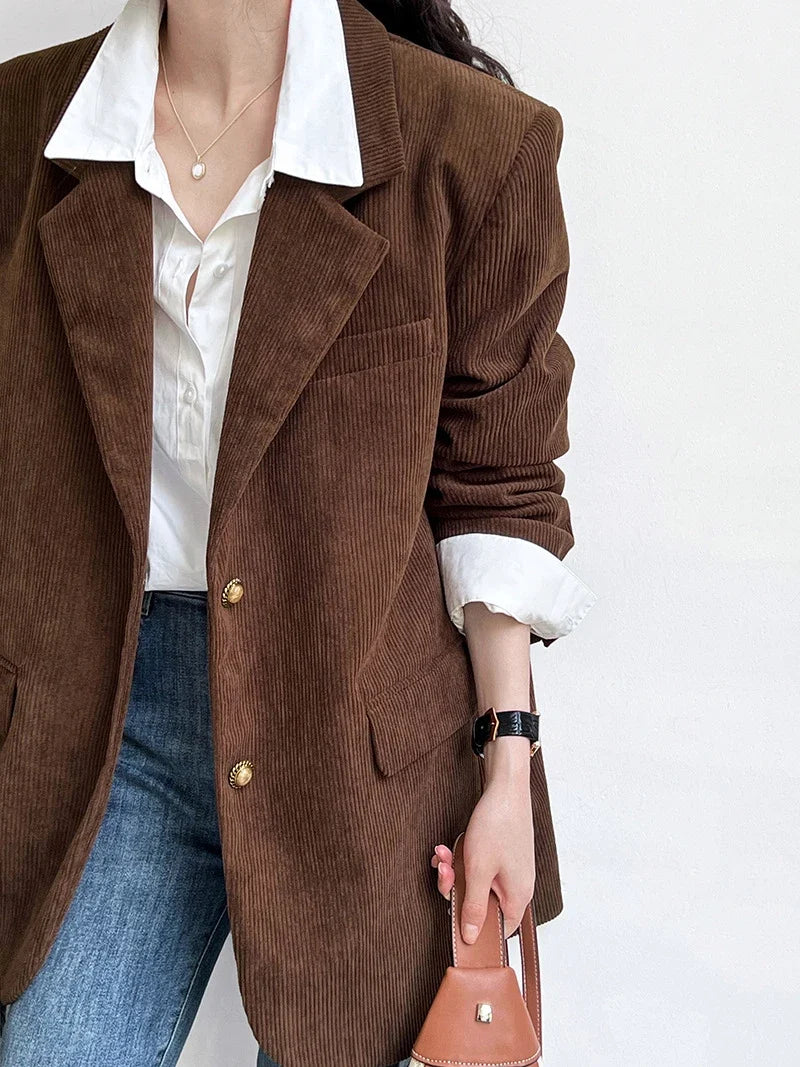 Brown Corduroy Suit Jackets Women's Spring New Fashion Loose Casual Blazers Notched Collar Single Breasted Pockets Female Tops