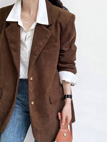 Brown Corduroy Suit Jackets Women's Spring New Fashion Loose Casual Blazers Notched Collar Single Breasted Pockets Female Tops