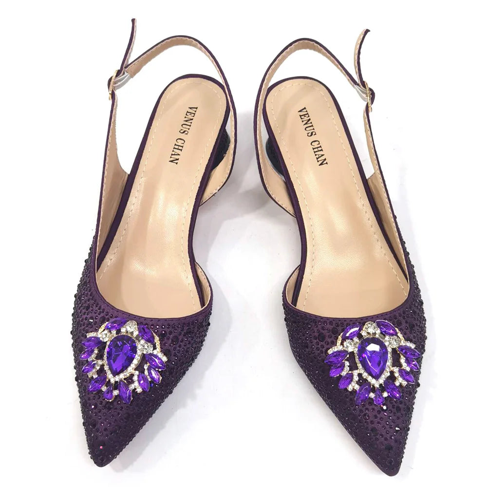 Royal Blue Sandals for Women 2024 Luxury Wedding Pumps Med Heels Rhinestone Design Party Shoes and Bags Set