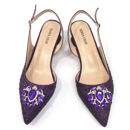 Royal Blue Sandals for Women 2024 Luxury Wedding Pumps Med Heels Rhinestone Design Party Shoes and Bags Set