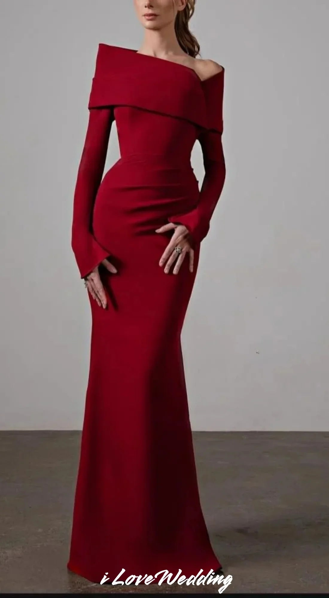 Red off the Shoulder Evening Dress Tight Mermaid Long Sleeve Bridesmaid Dress 2025 Satin Formal Dress Pleated Corset Customized