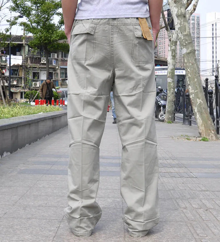 Spring Men cargo cotton pants pocket large size big 8XL 10XL 9XL 140KG loose out door casual safari style pants black 46 48 50