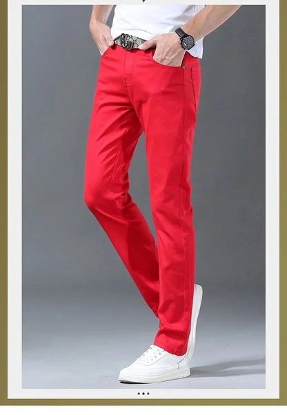 Men Classic Version Slim Stretch Trousers Clothing Red Straight Jeans Fashion High Quality Casual  Denim Pants Male 36 40