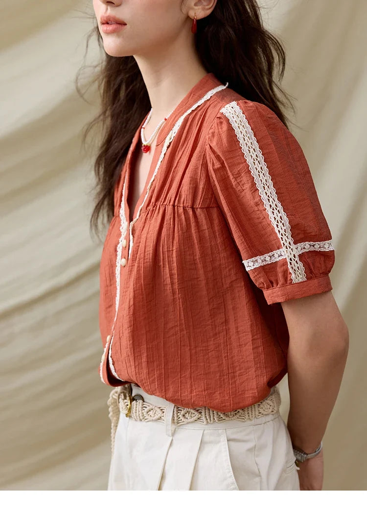 French New Blouses Women Summer New 2025 Short Sleeve V-neck Color Matching Shirts Female Fashion Lazy Style MXE31X1766