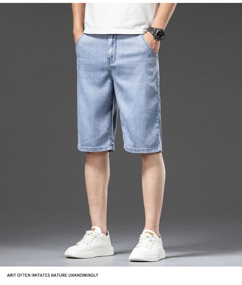 Lyocell Thin Men's Baggy Denim Shorts Loose Summer Casual  Stretch Soft Straight Jeans Male Brand Shorts Male Blue Grey