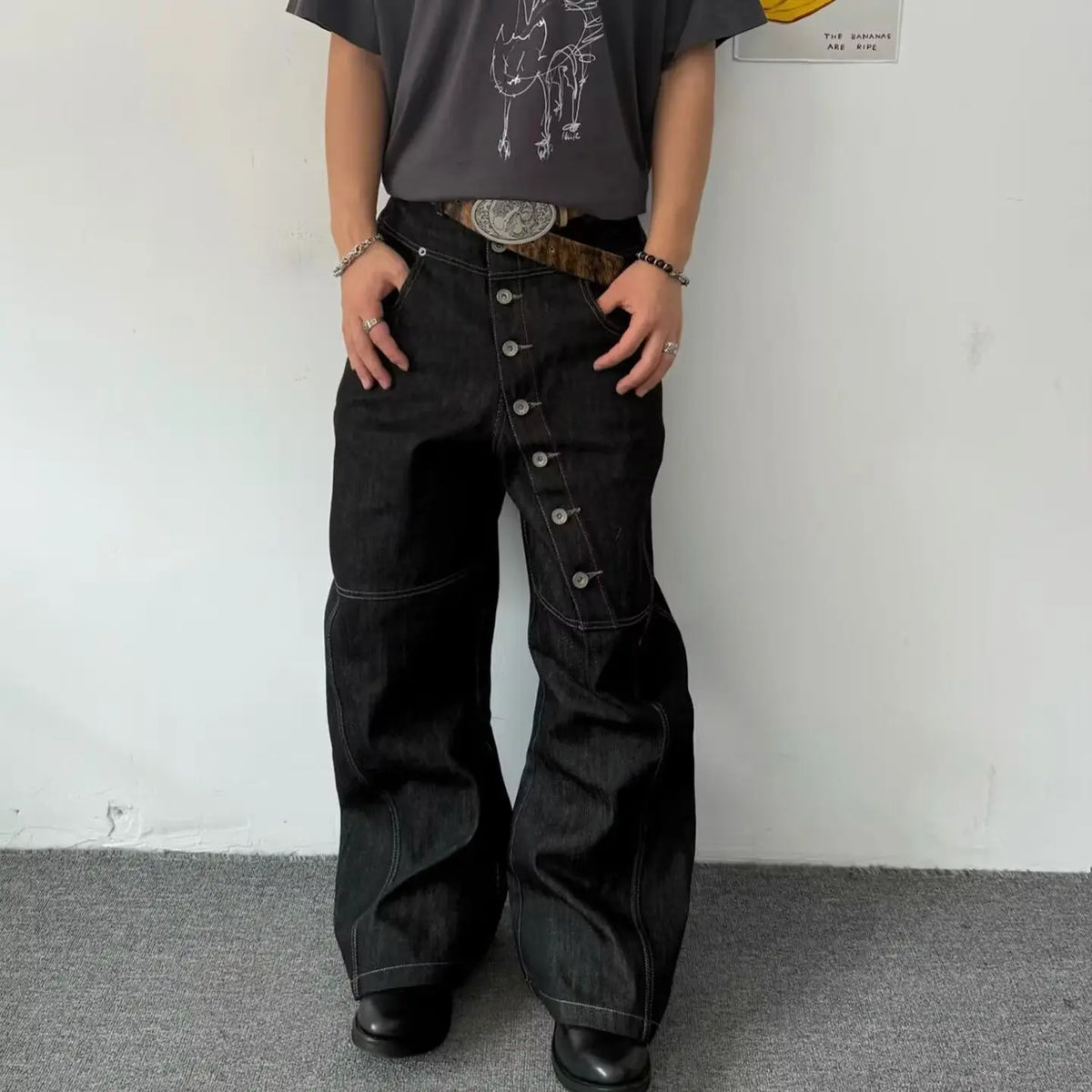 American Retro Long Row Button Design Men's Jeans High Street Loose Wide Leg Floor-Length Trousers Trendy Casual Jeans