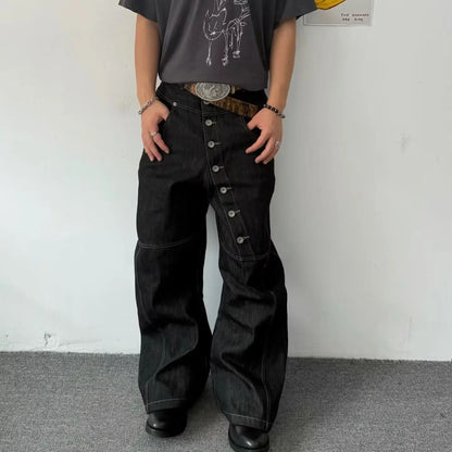 American Retro Long Row Button Design Men's Jeans High Street Loose Wide Leg Floor-Length Trousers Trendy Casual Jeans