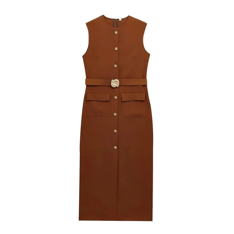 2025 Womens Dresses Black Office Long Dresses for Women Spring Sleeveless Midi Dress Woman Belt Button Women's Dress Vest
