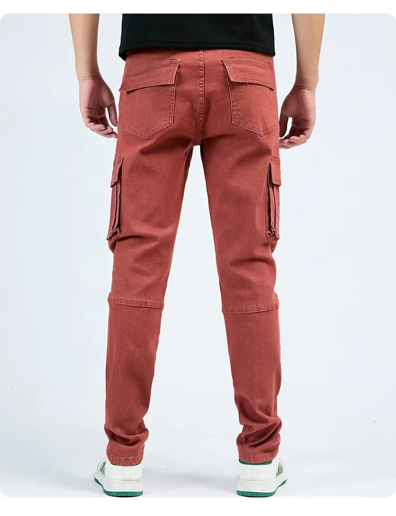 Men's Street Style Elastic Waist Denim Cargo Pants Solid Color Washed Slim Fit Casual Jeans with Multiple Pockets for Daily Wear