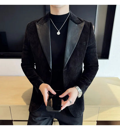 Splicing Leather Neck Fashion Suit Jacket Luxury Men's Business Slim Fit Social Formal Blazers Coats Wedding Groom Tuxedos 5XL-M