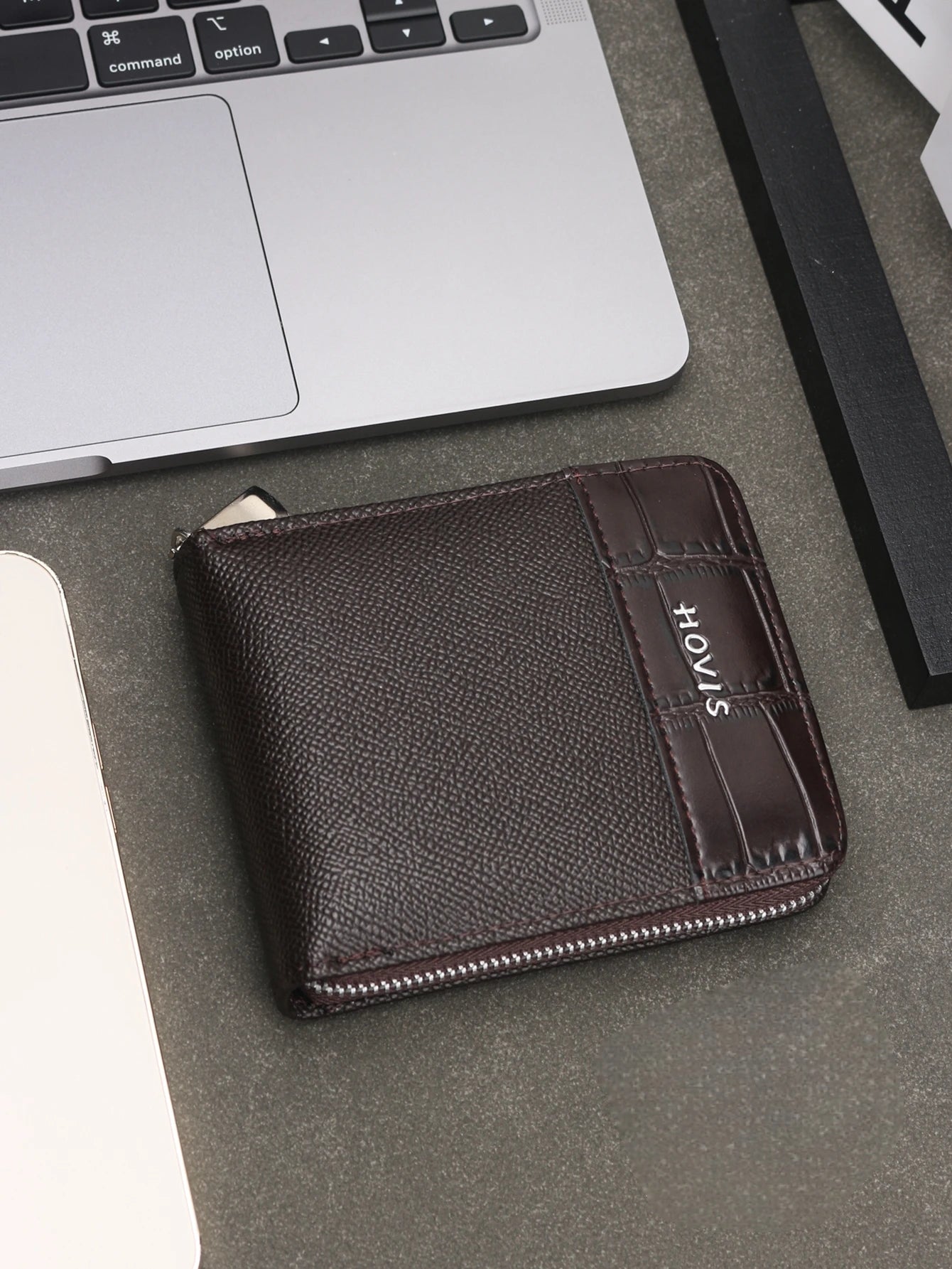 Men's Full Zip Around Bifold Short Wallet - Saffiano & Crocodile Embossed Leather Wallet with ID Window, Multi-Card Slots