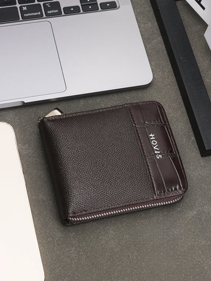 Men's Full Zip Around Bifold Short Wallet - Saffiano & Crocodile Embossed Leather Wallet with ID Window, Multi-Card Slots
