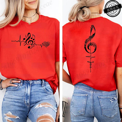 Musical Notes Printed T-Shirt for Women,Heartbeat Music Graphic Tee Shirts Clothes,Aesthetic Women's Tee T-Shirts Musician Gift