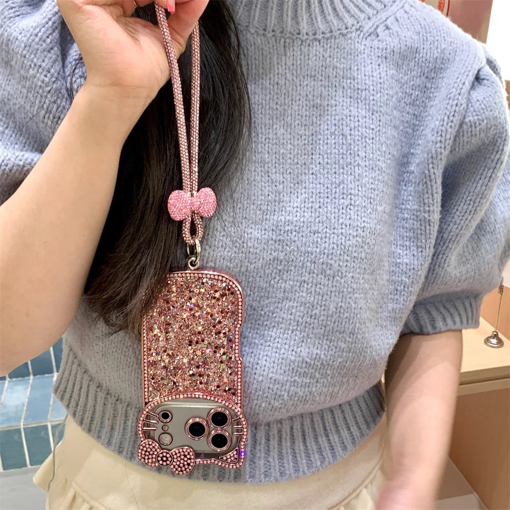 Cute Camera 3D Hellokitty Luxury Glitter phone case for iPhone 17 11 12 13 14 15 plus 16 Pro Max Fundas With Chain Shockproof Ca