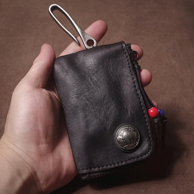 High Quality Genuine Leather Home Car Key Bag Retro Men Handmade Top Cowhide Coin Purse Women Zipper Mini Wallet Card Holde