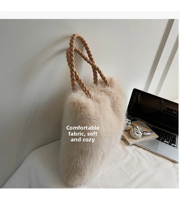 Fashion Women Furry Shoulder Bag Large Capacity Tote Handle Bag for Autumn Winter Outing Commuter Texture Versatile Storage Bags