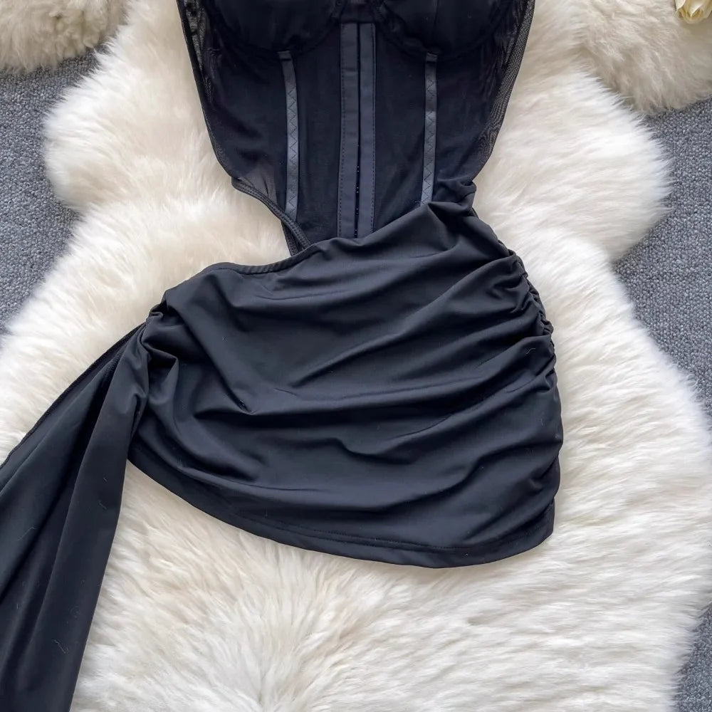 American Sexy Hollowed-out Waist Tube Top Dress for Women's Pleated Waist Hip-wrapped Streamer Girl's Short Dress