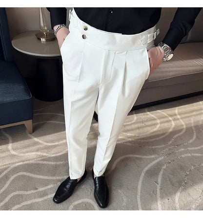 British Style Naples Solid Color High Waist Suit Pants High Quality Men Formal Business Social Party Wedding Casual Trousers